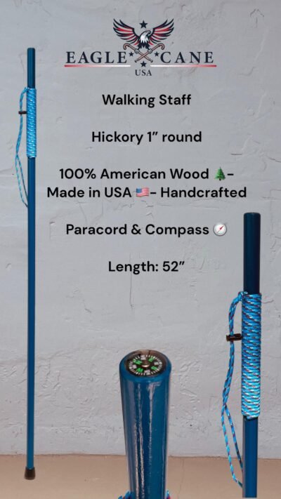 Hickory walking staff 52 inch with paracord grip and built-in compass