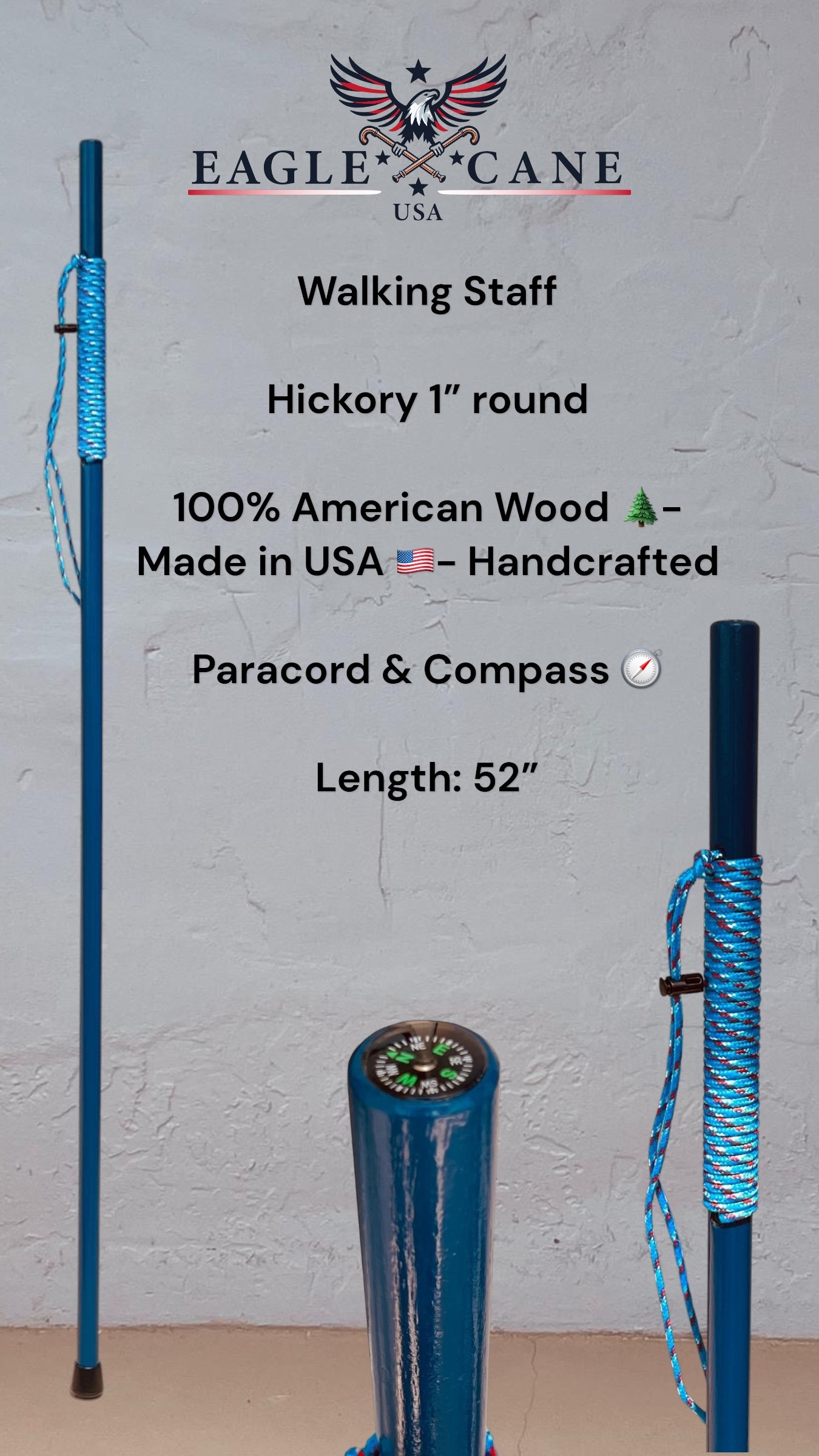 CQT Blue finall Conquest Walking Staff 52''/ STA CQT 002/Hickory round 1''/Blue/Paracord & Compass - Image 1
