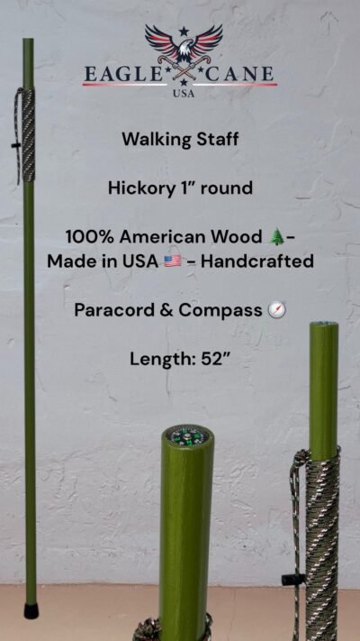Hickory walking staff 52 inch with paracord grip and built-in compass