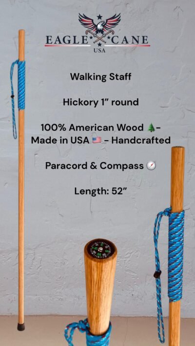 Hickory walking staff 52 inch with paracord grip and built-in compass