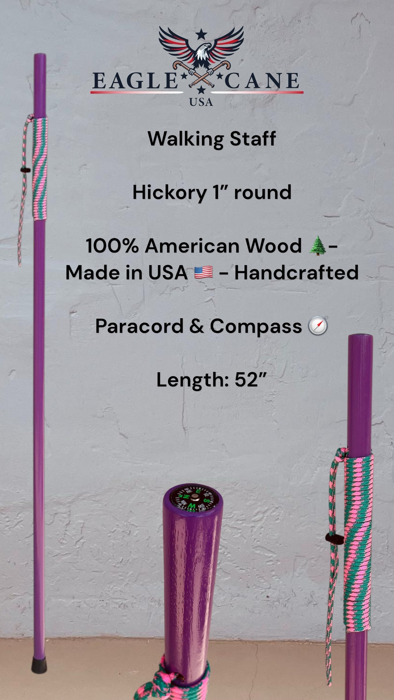 CQT Purple final Conquest Walking Staff 52''/STA CQT 004/Hickory Round 1''/ Purple Paracord & Compass - Image 1