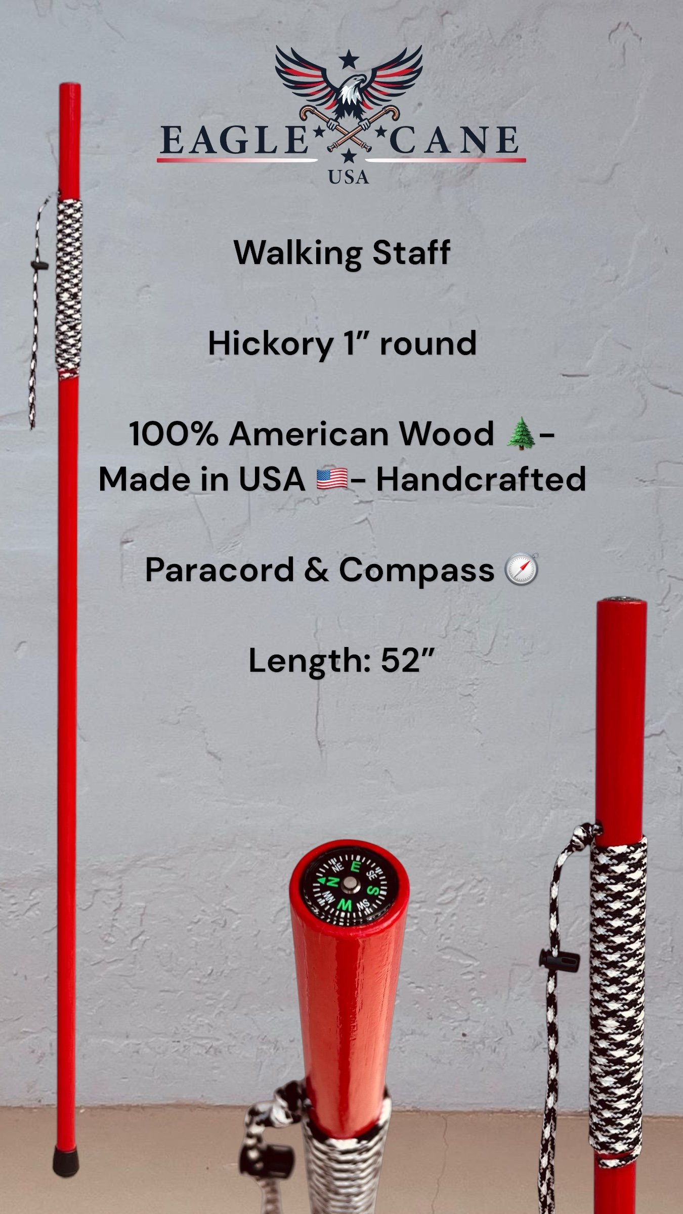 CQT Red final Conquest Walking Staff 52''/STA CQT 003/ Hickory Round 1''/Red"/Paracord & Compass - Image 1